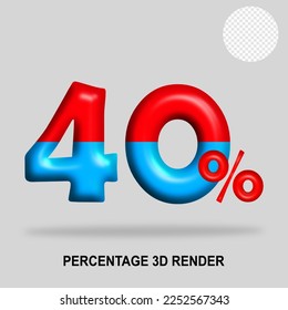3D render number percentage red blue glosy color