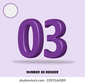 3D render number with purple color glossy