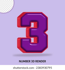 3D render number with purple and red color glossy 