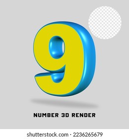 3D render number yellow light blue color