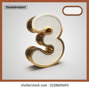3D Render numbers number 3 gold transparent