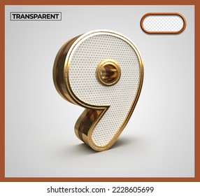 3D Render numbers number 9 gold transparent