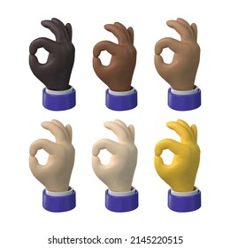 3d render. ok hand icons with various skin tones in cartoon vector style design.