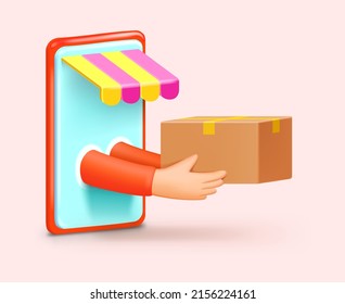 3d entrega tienda online con entrega. Courier entrega un paquete desde un teléfono en forma de manos sosteniendo una caja. Entrega a domicilio de alimentos o comestibles. Ilustración vectorial 3d aislada