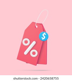 3d render online shopping tag price with percentage sign. Shopping Discount offer icon, symbol. Price tag, gift tag, For profitable purchases. Vector illustration