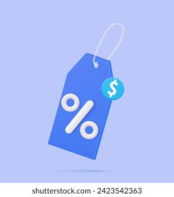 3d render online shopping tag price with percentage sign. Shopping Discount offer icon, symbol. Price tag, gift tag, For profitable purchases. Vector illustration