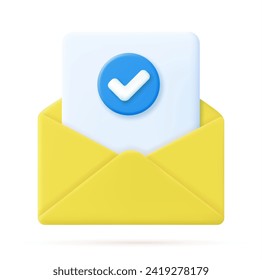 3d Render open mail Envelope with paper documents check mark icon isolated on white background. Approvement concept. Realistic symbol communication. Business news and invitations. Vector illustration