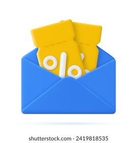 3d Render open mail Envelope with empty coupons with percentage sign icon isolated on white background. Purchase concept with promotional offer and bonus, voucher. Vector illustration