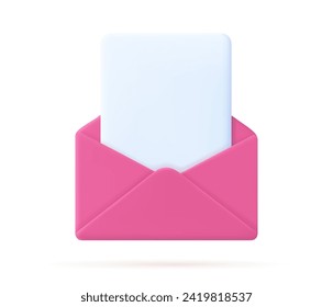 3d Render open mail Envelope with paper documents icon isolated on white background. . Read online message. Realistic symbol communication. Business news and invitations. Vector illustration