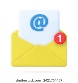 3d Render open mail Envelope with with letter icon isolated on white background. Incomong message notification. Vector illustration