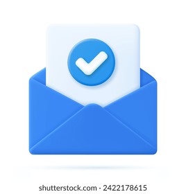 3d Render open mail Envelope with paper documents check mark icon isolated on white background. Approvement concept. Realistic symbol communication. Business news and invitations. Vector illustration