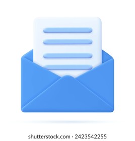 3d Render open mail Envelope with paper documents icon isolated on white background. . Read online message. Realistic symbol communication. Business news and invitations. Vector illustration