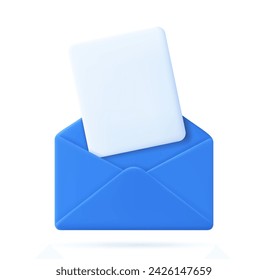 3d Render open mail Envelope with fly paper documents icon aislado sobre fondo blanco. No. Leer el mensaje en línea. Símbolo de comunicación realista. Noticias de negocios e invitaciones. Ilustración de vector