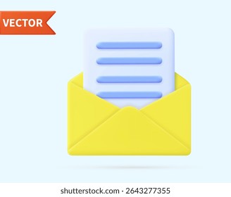 3d Render open mail Envelope with paper documents icon isolated on white background. . Read online message. Realistic symbol communication. Business news and invitations. Vector illustration