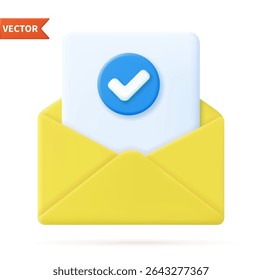 3d Render open mail Envelope with paper documents check mark icon isolated on white background. Approvement concept. Realistic symbol communication. Business news and invitations. Vector illustration