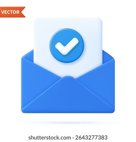 3d Render open mail Envelope with paper documents check mark icon isolated on white background. Approvement concept. Realistic symbol communication. Business news and invitations. Vector illustration