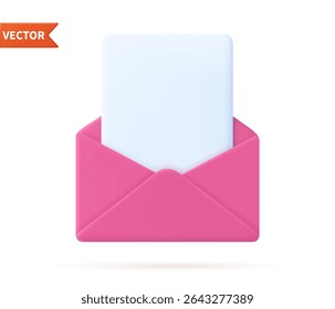 3d Render open mail Envelope with paper documents icon isolated on white background. . Read online message. Realistic symbol communication. Business news and invitations. Vector illustration