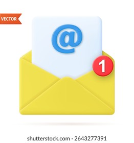 3d Render open mail Envelope with with letter icon isolated on white background. Incomong message notification. Vector illustration