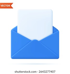 3d Render open mail Envelope with paper documents icon isolated on white background. . Read online message. Realistic symbol communication. Business news and invitations. Vector illustration