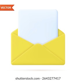 3d Render open mail Envelope with paper documents icon isolated on white background. . Read online message. Realistic symbol communication. Business news and invitations. Vector illustration