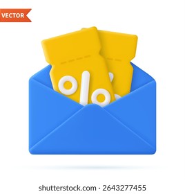 3d Render open mail Envelope with empty coupons with percentage sign icon isolated on white background. Purchase concept with promotional offer and bonus, voucher. Vector illustration