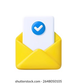 3d Render open mail Envelope with paper documents check mark icon isolated on white background. Approvement concept. Realistic symbol communication. 3d rendering. Vector illustration