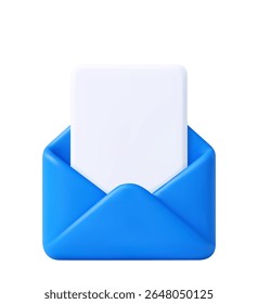 3d Render open mail Envelope with paper documents icon isolated on white background. . Read online message. Business news and invitations. 3d rendering. Vector illustration