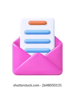 3d Render open mail Envelope with paper documents icon isolated on white background. . Read online message. Realistic symbol communication. 3d rendering. Vector illustration