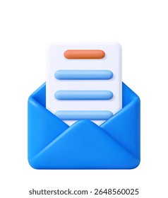 3d Render open mail Envelope with paper documents icon isolated on white background. . Read online message. Realistic symbol communication. 3d rendering. Vector illustration