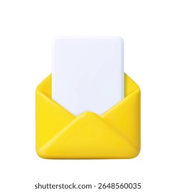3d Render open mail Envelope with paper documents icon isolated on white background. . Read online message. Business news and invitations. 3d rendering. Vector illustration
