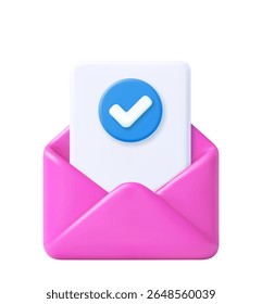 3d Render open mail Envelope with paper documents check mark icon isolated on white background. Approvement concept. Realistic symbol communication. 3d rendering. Vector illustration