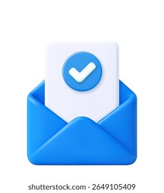 3d Render open mail Envelope with paper documents check mark icon isolated on white background. Approvement concept. Realistic symbol communication. 3d rendering. Vector illustration