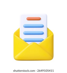 3d Render open mail Envelope with paper documents icon isolated on white background. . Read online message. Realistic symbol communication. 3d rendering. Vector illustration