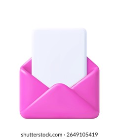 3d Render open mail Envelope with paper documents icon isolated on white background. . Read online message. Business news and invitations. 3d rendering. Vector illustration