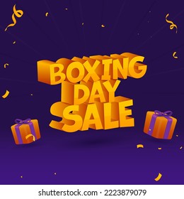 3D Render Orange Boxing Day Sale Text With Gift Boxes And Confetti Decorated On Purple Background.