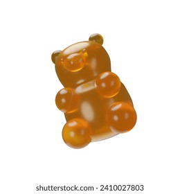 3D render orange gummy bear. Realistic gummyfied. Sweet Chewable supplements. Chewy delicious snack. Edible health candy. Vector illustration fruit dessert. menthol Gummy Form factor vitamins.