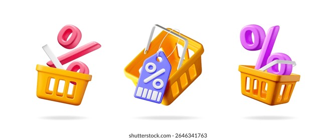 Un render 3D de una cesta de la compra naranja con una etiqueta de descuento y signo de porcentaje. Elementos de marketing de comercio electrónico para ventas, Web y diseños de App.