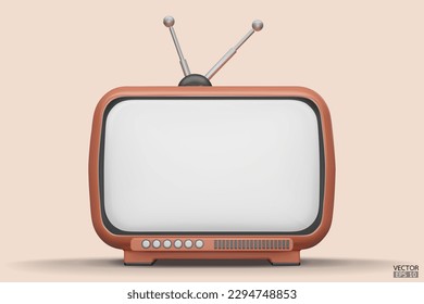 3D render orange Vintage Television Cartoon style isolate on  background. Minimal Retro TV. Orange analog TV. Old TV set with antenna. 3d vector illustration.