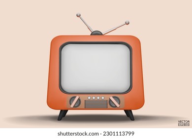 Aislamiento en el fondo del estilo de la animación de la televisión vintage en 3D. Mínima TV Retro. TV análogo naranja. Viejo televisor con antena. Ilustración vectorial 3d.