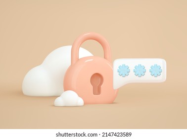 3d render padlock, clouds and 2fa password, otp code  icon. Concept identification, rights of access, secure network,data security. Realistic vector illustration