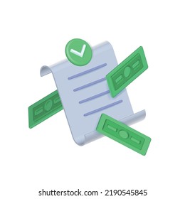 3D render Paper bill of transaction receipt payment icon with green banknotes. Receipt or bill template. Vector render illustration
