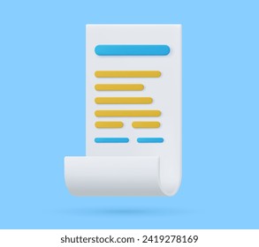 3D render Paper bill of transaction receipt payment icon. Receipt or bill template. Vector illustration