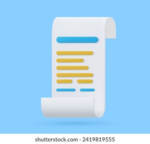 3D render Paper bill of transaction receipt payment icon. Receipt or bill template. Vector illustration