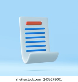 3D render Paper bill of transaction receipt payment icon. Bill or check, long paper with list to do. 3D Rendering. Vector illustration