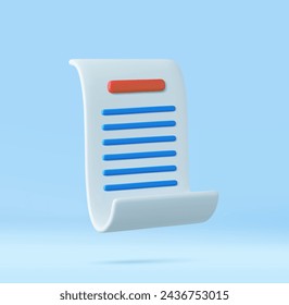 3D render Paper bill of transaction receipt payment icon. Bill or check, long paper with list to do. 3D Rendering. Vector illustration