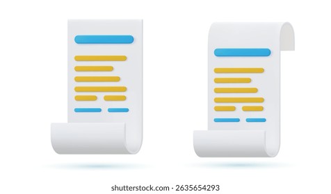 Ícone de pagamento de recebimento de fatura de transação 3D render Papel. Modelo de recibo ou faturamento. Ilustração vetorial