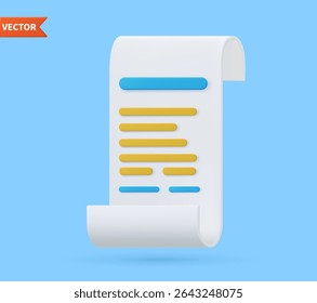 Ícone de pagamento de recebimento de fatura de transação 3D render Papel. Modelo de recibo ou faturamento. Ilustração vetorial