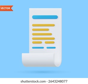 Ícone de pagamento de recebimento de fatura de transação 3D render Papel. Modelo de recibo ou faturamento. Ilustração vetorial