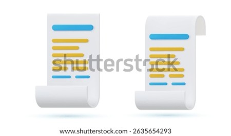 3D render Paper bill of transaction receipt payment icon. Receipt or bill template. Vector illustration