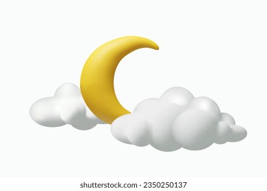 3D render partly cloud crescent weather. Realistic vector illustration. Clouds and moon in plastic style. Meteorology forecast about night. Symbol of bedtime and dream. Astronomy space element